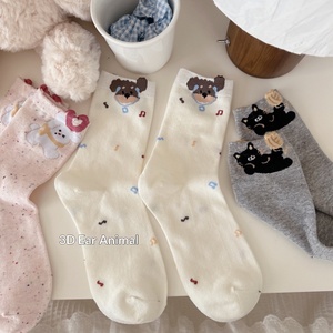 Chaussettes d'été pour femmes, style japonais mignon, motif petit ours, en coton absorbant la transpiration, mi-mollet, décontractées, oreilles tridimensionnelles - Product Image 3