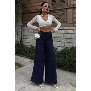 Pantalones Palazzo Elegantes de Pierna Ancha, Cintura Alta, Color Azul Marino, Crepé Antiarrugas, Pantalones para Mujer - Product Image 3