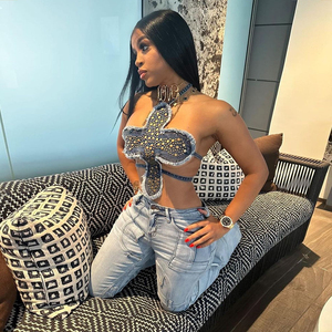 <span class=keywords><strong>Top</strong></span> Corto Sexy <span class=keywords><strong>con</strong></span> Escote Pronunciado, Estilo Tubo, Halter, Cruzado, de Mezclilla - Product Image 6