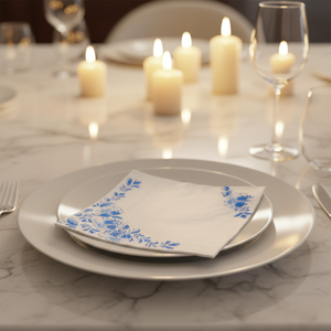 Serviettes <span class=keywords><strong>en</strong></span> <span class=keywords><strong>papier</strong></span> écologiques à deux plis imprimées de fleurs bleues, décorations de table, style campagnard, fête d'anniversaire - Product Image 2