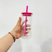 Gobelet en verre à double paroi de style américain pré-percé 15oz/12oz avec couvercle en plastique coloré et paille, personnalisable avec logo pour sublimation