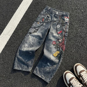 Pantalon en <span class=keywords><strong>jean</strong></span> américain tendance, pantalon en denim ample et décontracté, pantalon personnalisé, <span class=keywords><strong>jean</strong></span> léger délavé, <span class=keywords><strong>jean</strong></span> vintage à imprimé corde pour homme - Product Image 1