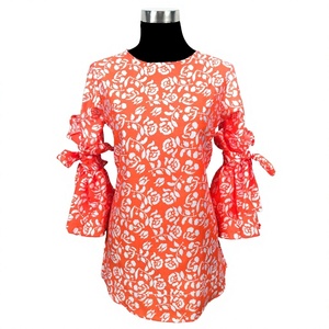 Haut en mousseline de soie à imprimé floral orange pour femmes, avec manches bouffantes et volants, col rond, haut décontracté, vêtements de printemps et d'été - Product Image 1