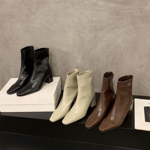 Women's Multi Color Leather Ankle Boots Square Toe Block Heel Elastic Fit Fashion Booties for Daily Casual Wear Wholesale - Product Image 4