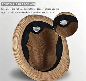 Sombrero Fedora de Paja Ajustable para Hombre con Cinta a Rayas, Trilby de Verano Transpirable de Ala Corta, Sombrero para el Sol con Protección UV para la Playa - Product Image 3