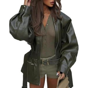 Custom 2026 Women's Green PU Leather Bomber <b>Jacket</b> Oversized <b>Zip</b> <b>Up</b> Windproof Autumn Coat Full Sleeve Woven Fabric - Product Image 2