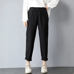 Khaki High Waisted Casual Pants Women Cotton Canvas Elastic Waist Slim Fit Cropped Style JN-8618 - Product Image 4