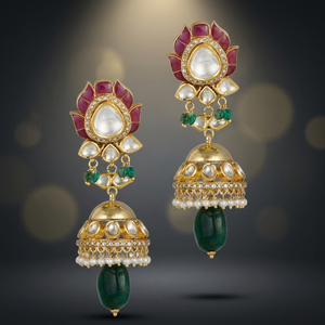 Boucles d'oreilles Jhumki traditionnelles persanes Bagh-e-Noor, en or artisanal, forme de fleur Kundan Polki, bijoux de mariage pour femmes, objets de collection - Product Image 3