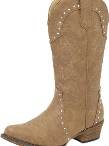 Botas Vaqueras de Media Pantorrilla para Mujer, de Cuero Genuino, con Cordones, Punta Redonda, Tacón Grueso, Bordadas, Estilo Desierto - Product Image 3