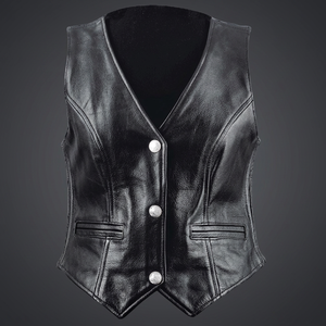 Gilet en cuir pour femmes HMB-3361A Gilet d'extérieur coupe-vent noir pour motard fille - Product Image 2
