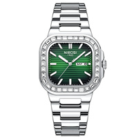 Jam Tangan Pria NIBOSI 2733 Bezel Berlian Persegi, Quartz, Tampilan Tanggal dan Hari, Tahan Air, Jam Tangan Bisnis untuk Pria, Logo Dapat Disesuaikan