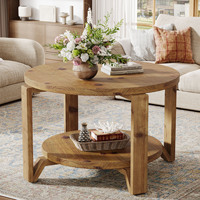 Table basse ronde en bois naturel de 30 pouces, table d'appoint en bois massif de style campagnard, 2 étagères, meubles de salon