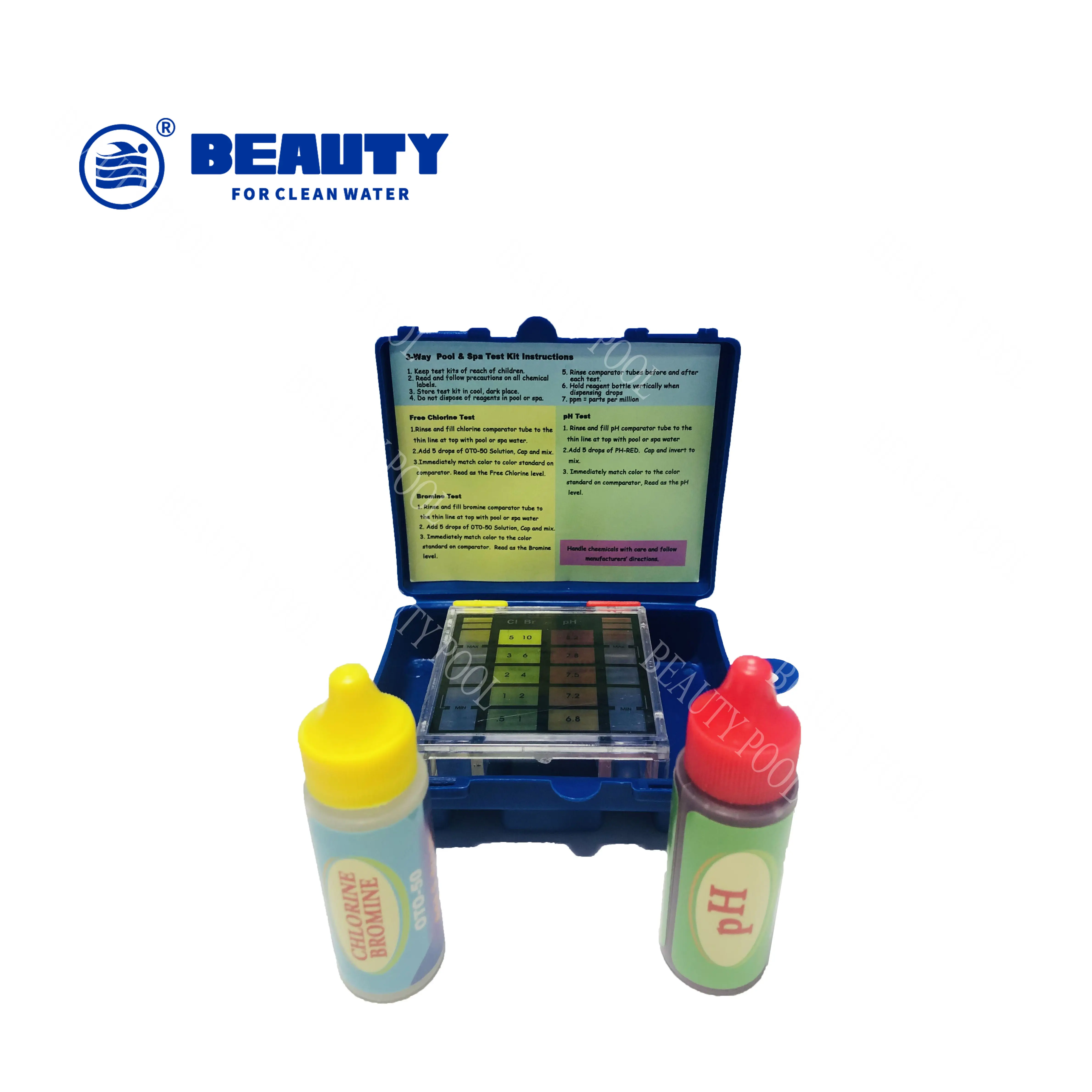 Kit de test chimique de l'eau de spa de piscine pour test de chlore et de pH et de brome (kit de test à 3 voies)