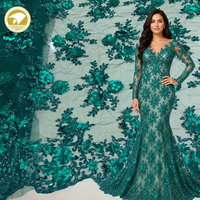 Tissu en tulle brodé de fleurs 3D vert fantaisie avec perles pour robes, fêtes et accessoires de mariage