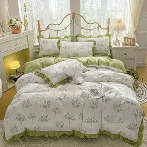 Ins Floral Plant Printed Milk Velvet Four-piece Set Farley Coral Velvet Milk Velvet Girl's Bed Sheet Quilt Bedding Set