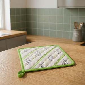 Porta ollas acolchado de algodón premium con estampado de hojas botánicas y borde verde – Porta ollas de cocina resistente al calor con asa para colgar - Product Image 2