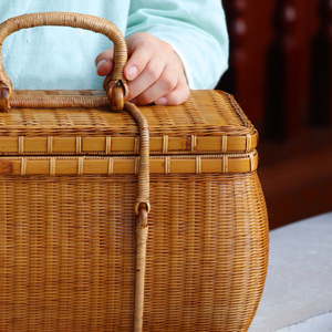 Rattan Woven Tea Storage <b>Box</b> 20-35L Rectangle Handle Portable Travel Bag Food Container Business <b>Gift</b> - Product Image 3
