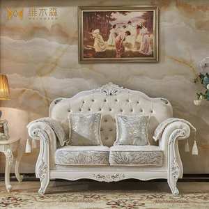 Set <span class=keywords><strong>Sofa</strong></span> Ruang Tamu Gaya Eropa, <span class=keywords><strong>Sofa</strong></span> Kain Sederhana Berbahan Kayu Solid Ukiran Prancis dengan Beludru, Kombinasi Furnitur Villa Mewah - Product Image 4