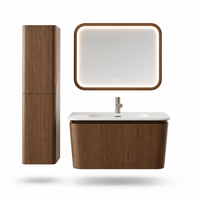 Meuble-lavabo de salle de bain en noyer courbé sur mesure OEM 900 mm avec vasque en Solid Surface et armoire latérale haute – Fourniture pour le marché de l'ameublement sanitaire