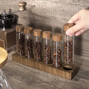 Tubo de vidrio de borosilicato de fondo redondo para exhibición de especias de granos de café con tapa hermética de madera y soporte