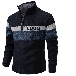 Pull en maille pour homme avec fermeture éclair 1/4, logo rayé sur le devant, pull d'hiver à manches longues, épaisseur standard, matière acrylique - Product Image 2