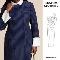 Robe rayée sur mesure pour femmes grandes tailles avec col et poignets contrastés blancs, élégante robe courte de bureau bleu marine, coupe trapèze