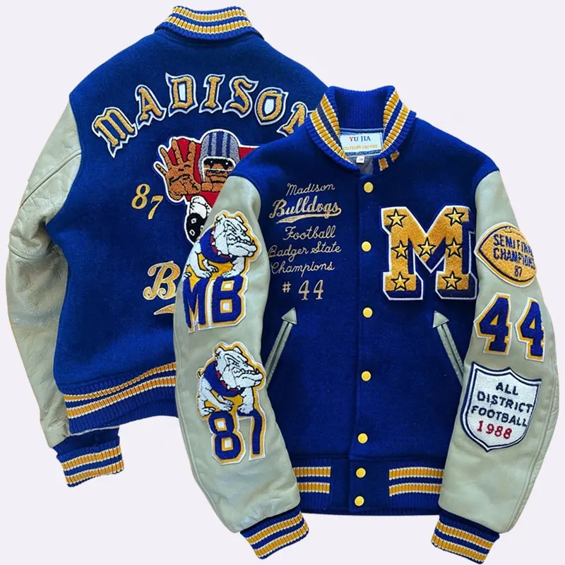 Custom varsity jacket winter high quality leather sleeves college baseball letterman wool varsity jacket for men