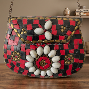 Handmade Brass Clutch Bag With Red And Black Tile Design And White <b>Stone</b> Floral Pattern For Party And Wedding Resin Crafts - Product Image 1