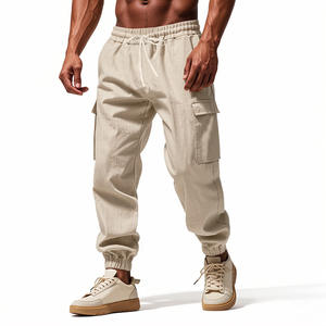 Pantaloni <span class=keywords><strong>Cargo</strong></span> Casual da Uomo 100% Cotone <span class=keywords><strong>Lino</strong></span> Tinta Unita Taglia Grande Vestibilità Comoda - Product Image 4