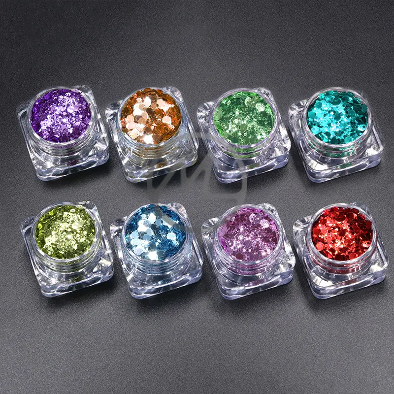 Atacado Eco Friendly Poliéster Flocos Misturados Metálico Chunky Glitters Para Rosto Corpo Cabelo Nail Art Tumbler Artesanato