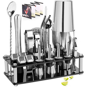Factory Custom 23 Piece Mixing Cocktail Shaker Bottle Bar Sets Stainless Steel Bar Mixology Bartender Kit With Plastic Stand