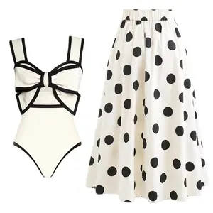 2024 Vintage 3D Flower Black and White Bow-tie One Piece Swimsuit and Skirt Swimwear Women Bikini Set Beachwear Bathing Suits