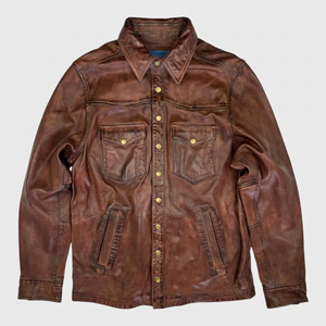 Samtiq Industries <b>Men's</b> Brown <b>Leather</b> Shirt <b>Jacket</b> Turn-down Collar Workwear Style Regular Length Single Button Closure Winter - Product Image 1