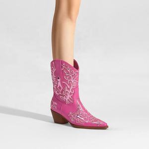 נשים רקומים מערבי הבוקרת הבוהן מחודדות מגפיים cowboy באמצע עגל עם חוט מתכתי oem/odm - Product Image 2