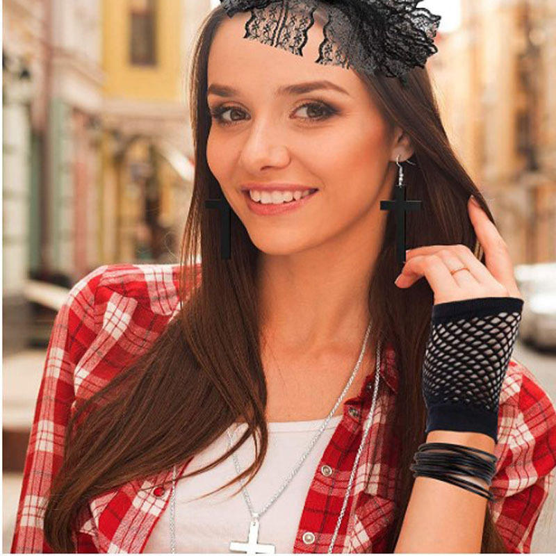 Vintage Black Cross Earrings Necklace 80s PROM Accessories