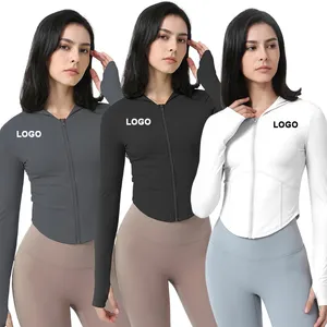 2024 Ladies Spring Long Sleeve Slim Fit Gym Hoodie Jacket With Cuff Finger Sleeve Fitness Workout Yoga Zip Up Jacket For Women