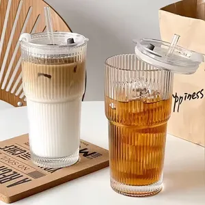 Vaso <span class=keywords><strong>de</strong></span> <span class=keywords><strong>Vidrio</strong></span> Ecológico <span class=keywords><strong>de</strong></span> 600 ml con Diseño <span class=keywords><strong>de</strong></span> Rayas, Tapa y Pajita para Jugo/Café Helado - Product Image 2