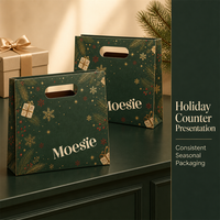 Sac cadeau de Noël vert pin profond, sac de courses en papier avec poignée ovale découpée, imprimé doré de Noël pour vêtements et chaussures, vente en gros