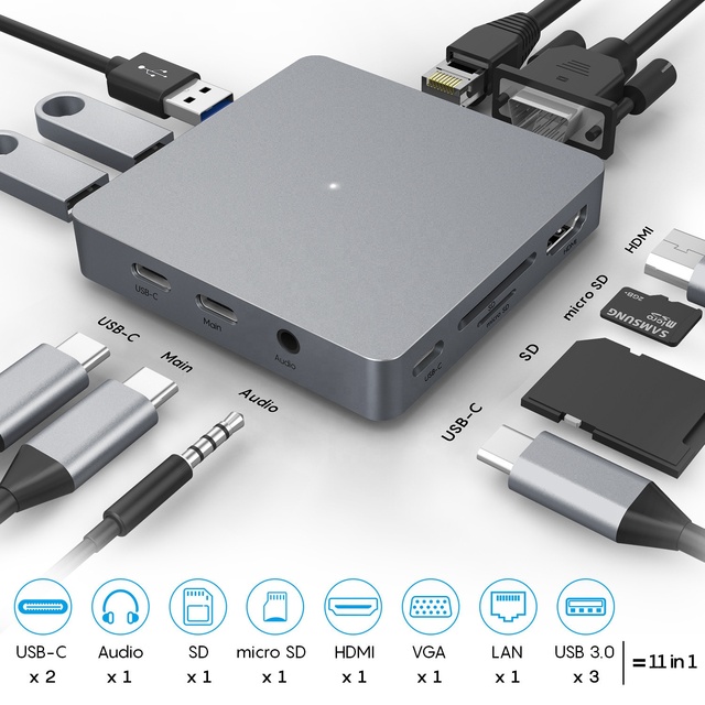 11 in 1 USB C to Gigabit Ethernet 4K HDMI Hub with VGA, 3 USB3.0, SD/TF Card Reader, Audio, 2 USB-C for Macbook Pro and More