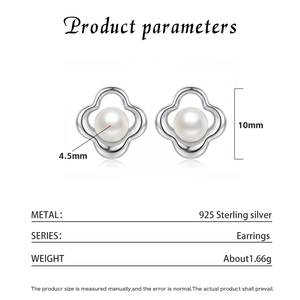 Pendientes de Perlas con Trébol de Cuatro Hojas en Plata S925, Joyería con Flores Huecas para Mujer, Uso Diario, Regalo - Product Image 6