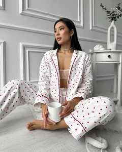 Nieuwe Op Maat Gemaakte Casual Dames Pyjama 'S 2 Stuk Revers Lange Mouw Pyjama Hartenprint Losse Pyjama Set Dames