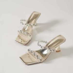 Sandales à talons hauts à bout carré avec strass, talon bloc, bout ouvert, tendance mode, chaussures pour femmes 7655-1 - Product Image 3