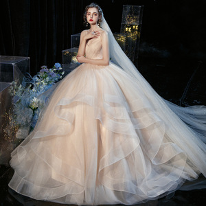 Low Price Simple Wedding Dresses Champagne Color Custom-Made & Long Trains 