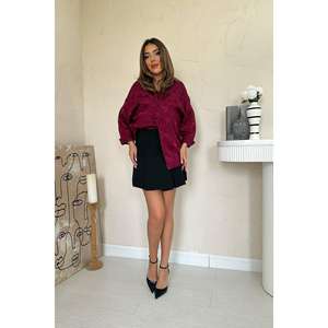 Chemise boutonnée en satin jacquard bordeaux pour femme, chemisier asymétrique décontracté à manches longues pour tous les jours - Product Image 3