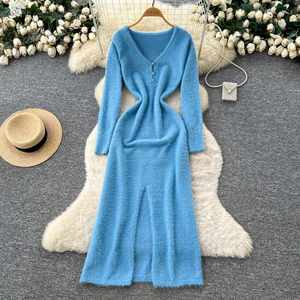 Vestido midi de punto elegante con cuello en V y abertura para mujer, estilo imperio, ideal para el verano - Product Image 2