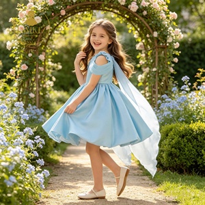 Robe <span class=keywords><strong>de</strong></span> soirée en satin bleu clair pour enfants avec traîne en mousseline et détail nœud mignon pour petites filles, robe <span class=keywords><strong>de</strong></span> demoiselle d'honneur ou robe <span class=keywords><strong>de</strong></span> bal - Product Image 1