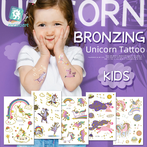 Nuovo arrivo cartoni animati per bambini metallizzato oro corpo temporaneo Flash tatuaggi <span class=keywords><strong>unicorno</strong></span> decorazioni di compleanno adesivi per ragazze - Product Image 1