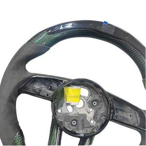 Volant en fibre de carbone avec LED pour <span class=keywords><strong>Audi</strong></span> B9 A4 A5 <span class=keywords><strong>TT</strong></span> A1, cuir <span class=keywords><strong>vert</strong></span> argenté, sport personnalisé, compatible OEM - Product Image 4