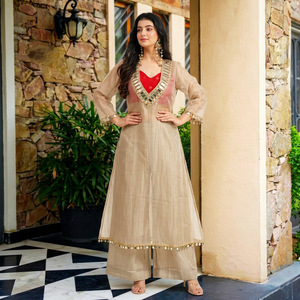 Conjunto de Kurta Beige para Mujer con Bordado de Espejo y Pantalones Palazzo, Traje Tradicional Indio Pakistaní para Fiesta - Product Image 1