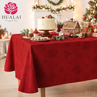 Taplak Meja Linen Merah Bermotif Daun Holly 8ft X 10ft 410g HuaLai untuk Pesta Liburan dan Acara di Rumah